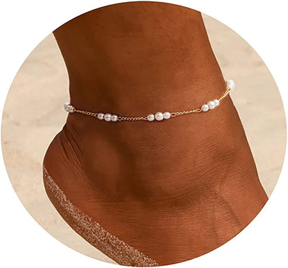 Tasiso 14K Gold Plated Layered Satellite Beads Heart Anklets Layering Rhinestone Cubic Zirconia Ankle Bracelets for Women Minimalist Summer Beach Foot Chain Ankle Jewelry Gifts Apparel & Accessories > Jewelry > Anklets Tasiso 3 Pearl-Gold  