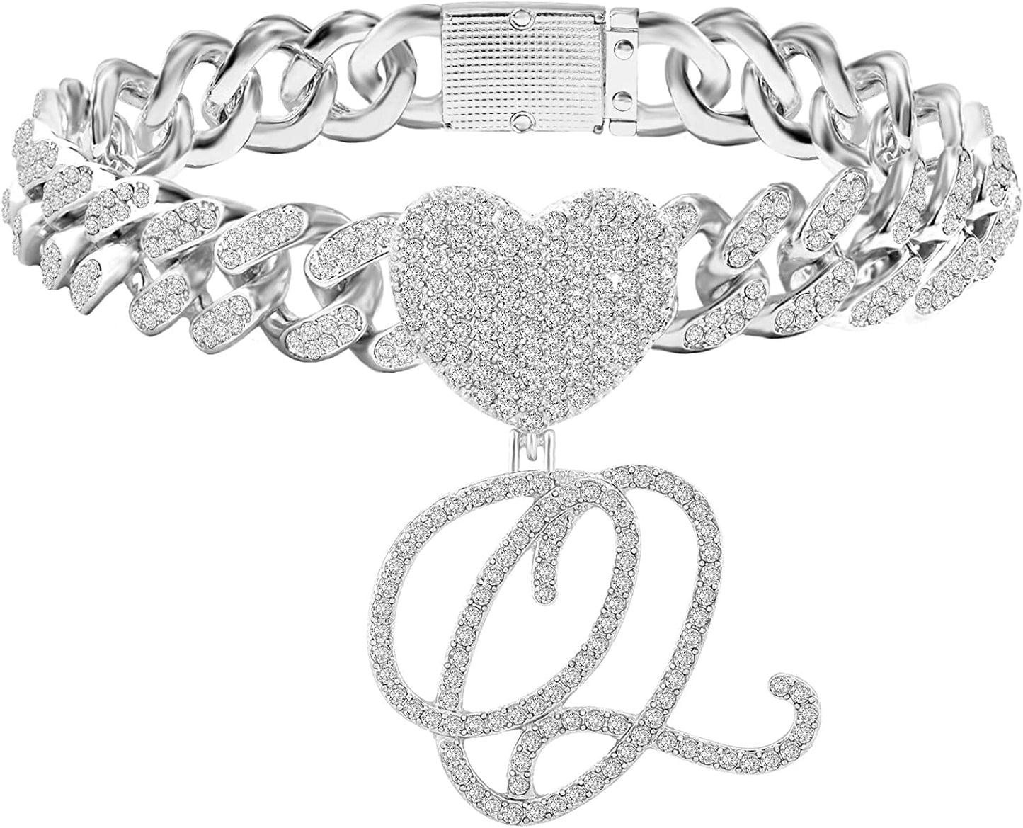 KKJTDS 13Mm Silver Cuban Link Anklets for Women Cursive Pendant Miami Cuban Link Chain Ankle Bracelets for Women Hip Hop Iced Out Letter Chain Anklet Apparel & Accessories > Jewelry > Anklets KKJTDS Q  