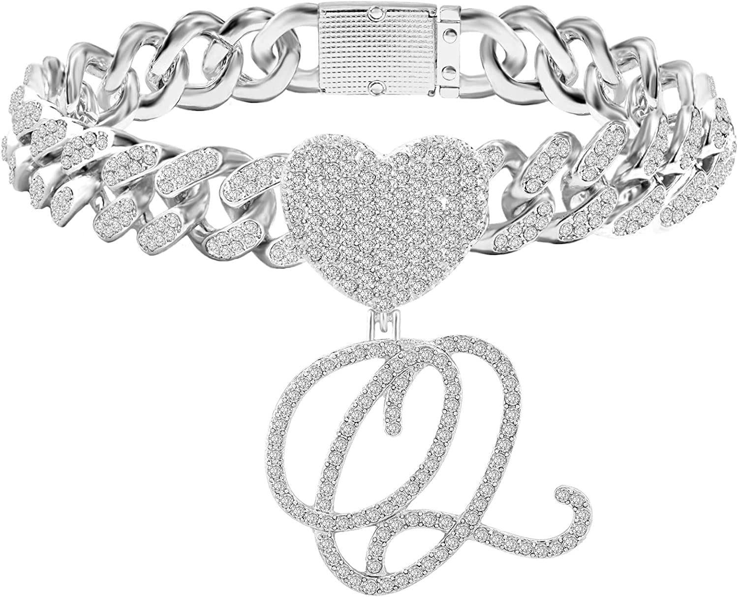 KKJTDS 13Mm Silver Cuban Link Anklets for Women Cursive Pendant Miami Cuban Link Chain Ankle Bracelets for Women Hip Hop Iced Out Letter Chain Anklet Apparel & Accessories > Jewelry > Anklets KKJTDS Q  