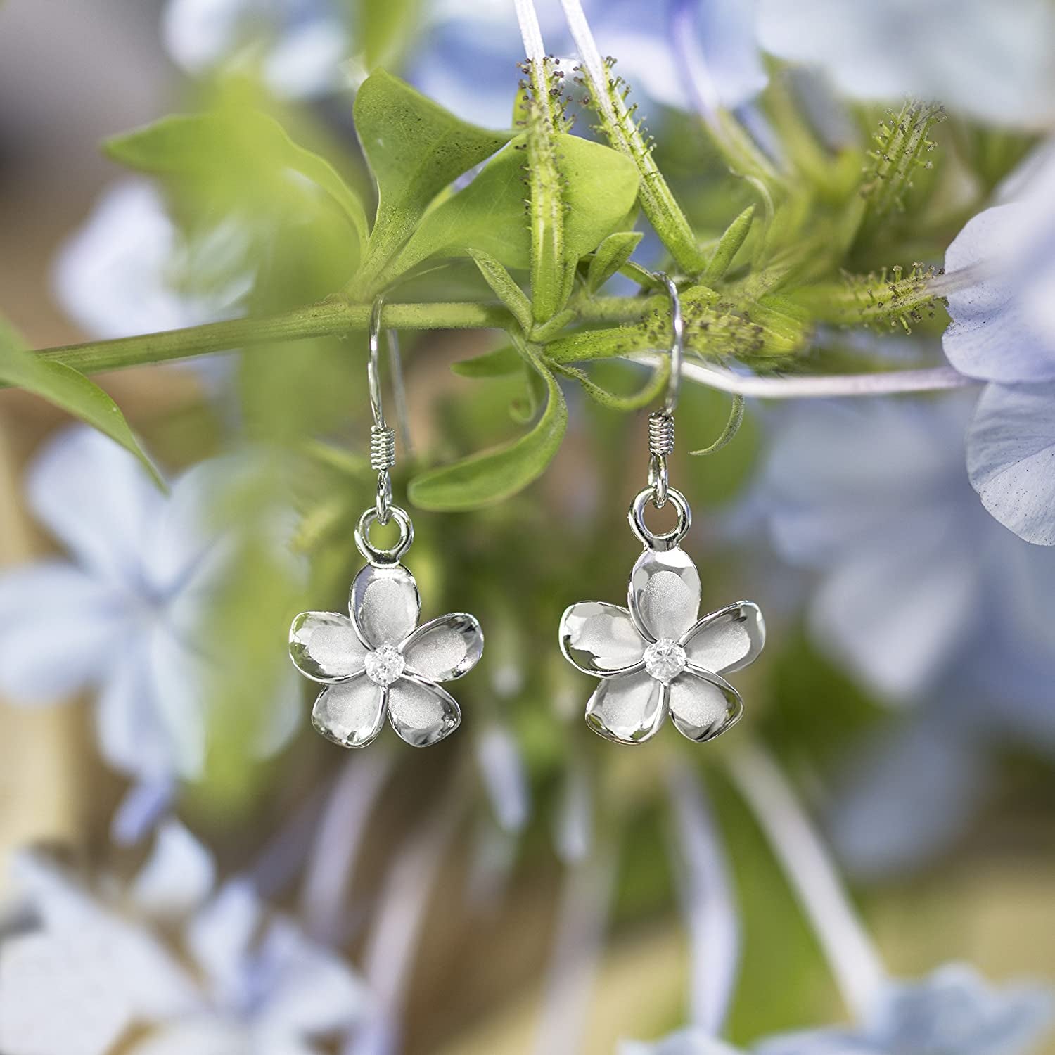 Honolulu Jewelry Company Sterling Silver Plumeria Flower Nature Hook Earrings with Czs, 12Mm Apparel & Accessories > Jewelry > Earrings Honolulu Jewelry Company   