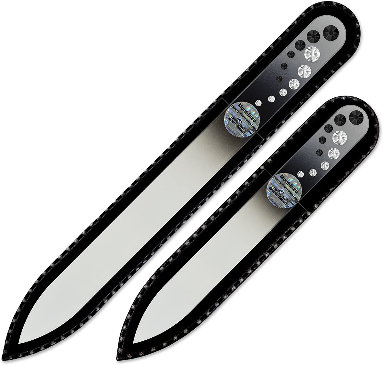 Washable Nail Files - Mont Bleu Set of 2 Glass Nail Files Hand Decorated with Crystals - Handmade Gifts for Women - Expertly Shape Nails & Enjoy a Smooth Finish - Nail Filing Tools Health & Beauty > Personal Care > Cosmetics > Cosmetic Tools > Nail Tools Mont Bleu Jet - Crystal  