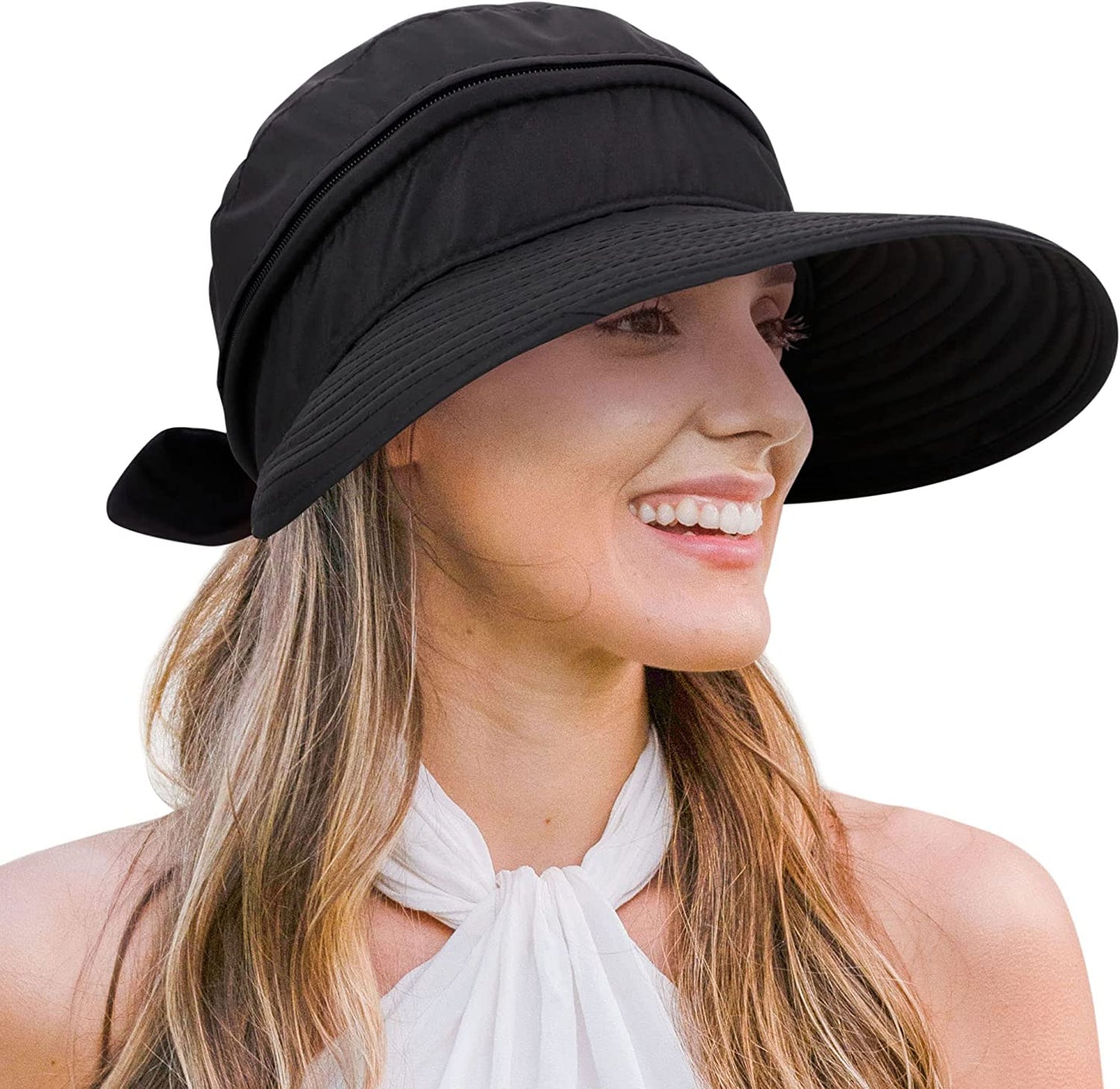 Verabella Womens Beach Hat Summer Lightweight Sun Hat for Hiking Sun Protection 2 in 1 Visor Sun Protection Hat Apparel & Accessories > Clothing Accessories > Hats Verabella Black  