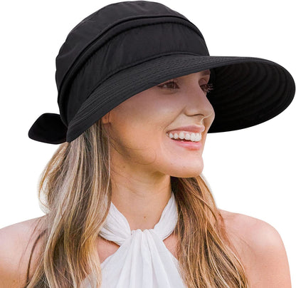 Verabella Womens Beach Hat Summer Lightweight Sun Hat for Hiking Sun Protection 2 in 1 Visor Sun Protection Hat Apparel & Accessories > Clothing Accessories > Hats Verabella Black  