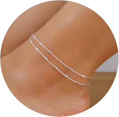Pencros Dainty Layered Anklet,14K Gold Filled Cute Beads Satellite Chain Heart Boho Adjustable Anklets for Women Teen Girls Apparel & Accessories > Jewelry > Anklets Pencros layer-silver  