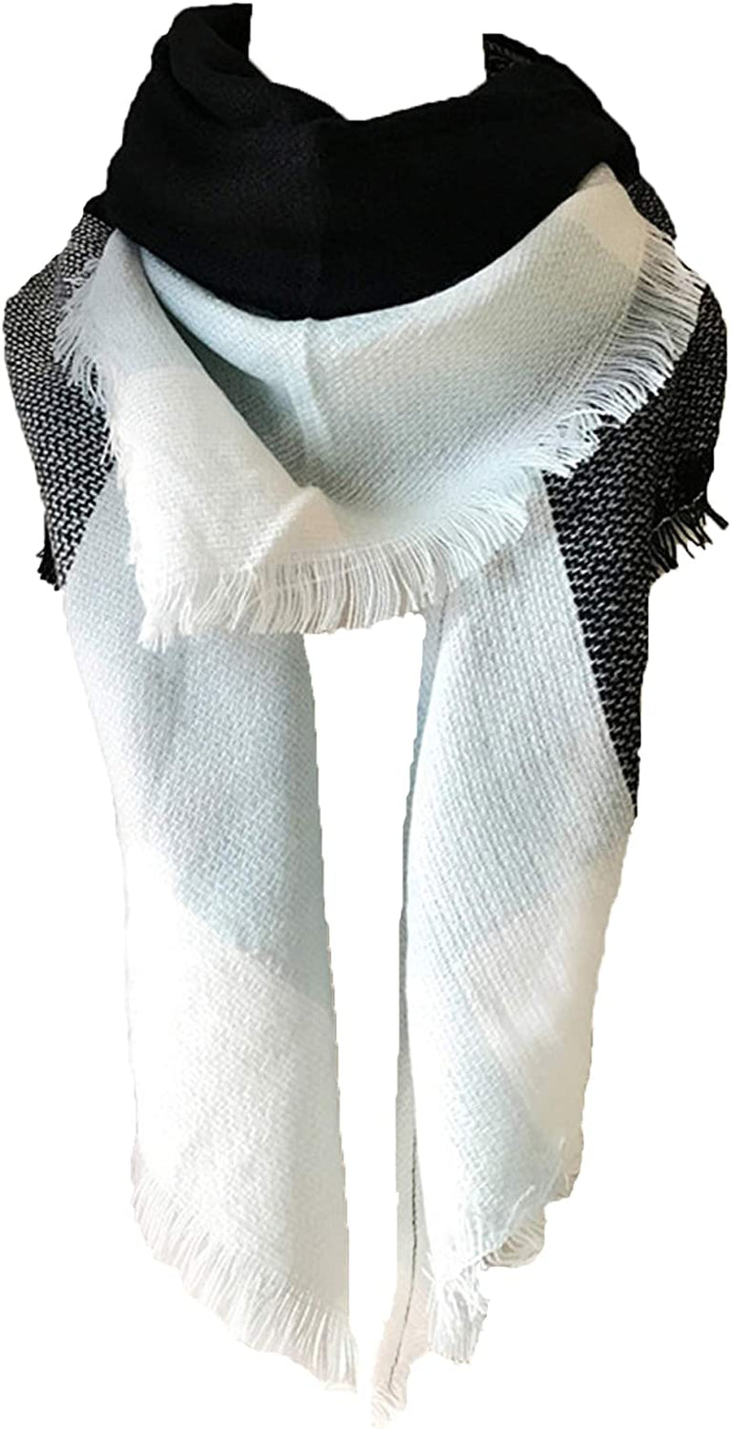 Wander Agio Womens Warm Long Shawl Winter Wraps Large Scarves Knit Cashmere Feel Plaid Triangle Scarf Apparel & Accessories > Clothing Accessories > Scarves & Shawls Wander Agio Plaid Blue Grey  