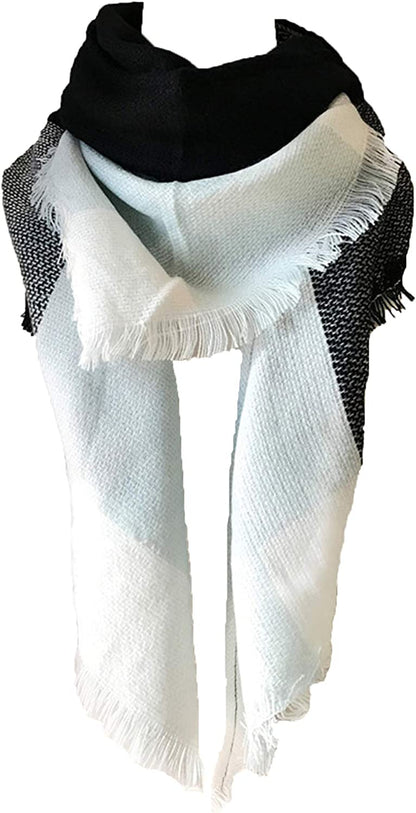 Wander Agio Womens Warm Long Shawl Winter Wraps Large Scarves Knit Cashmere Feel Plaid Triangle Scarf Apparel & Accessories > Clothing Accessories > Scarves & Shawls Wander Agio Plaid Blue Grey  