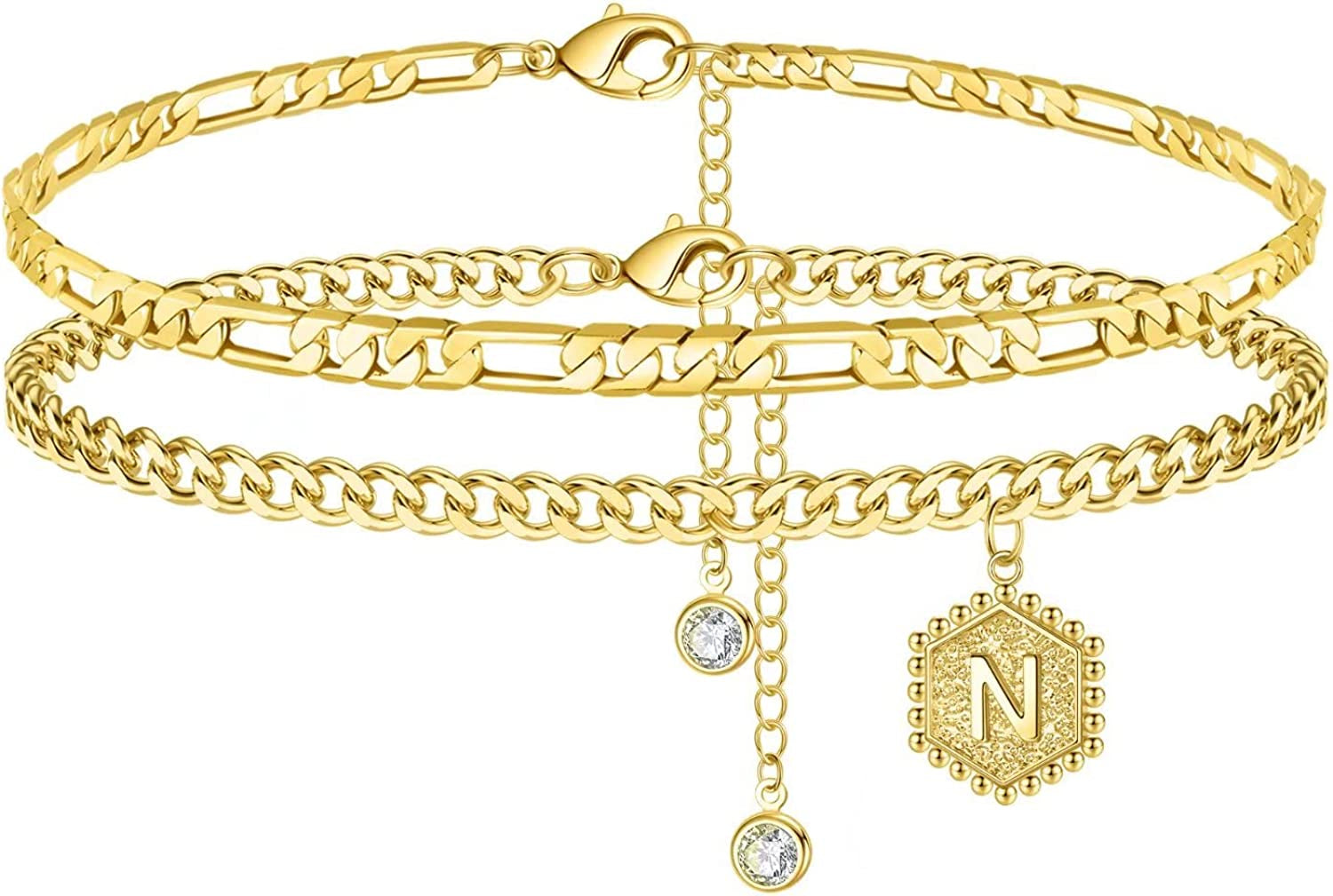 Memorjew Initial Ankle Bracelet for Women, 14K Gold Plated Handmade Double Layered Anklet Letter Initial Anklets Jewelry Gifts for Women Teen Girls Apparel & Accessories > Jewelry > Anklets Memorjew N  