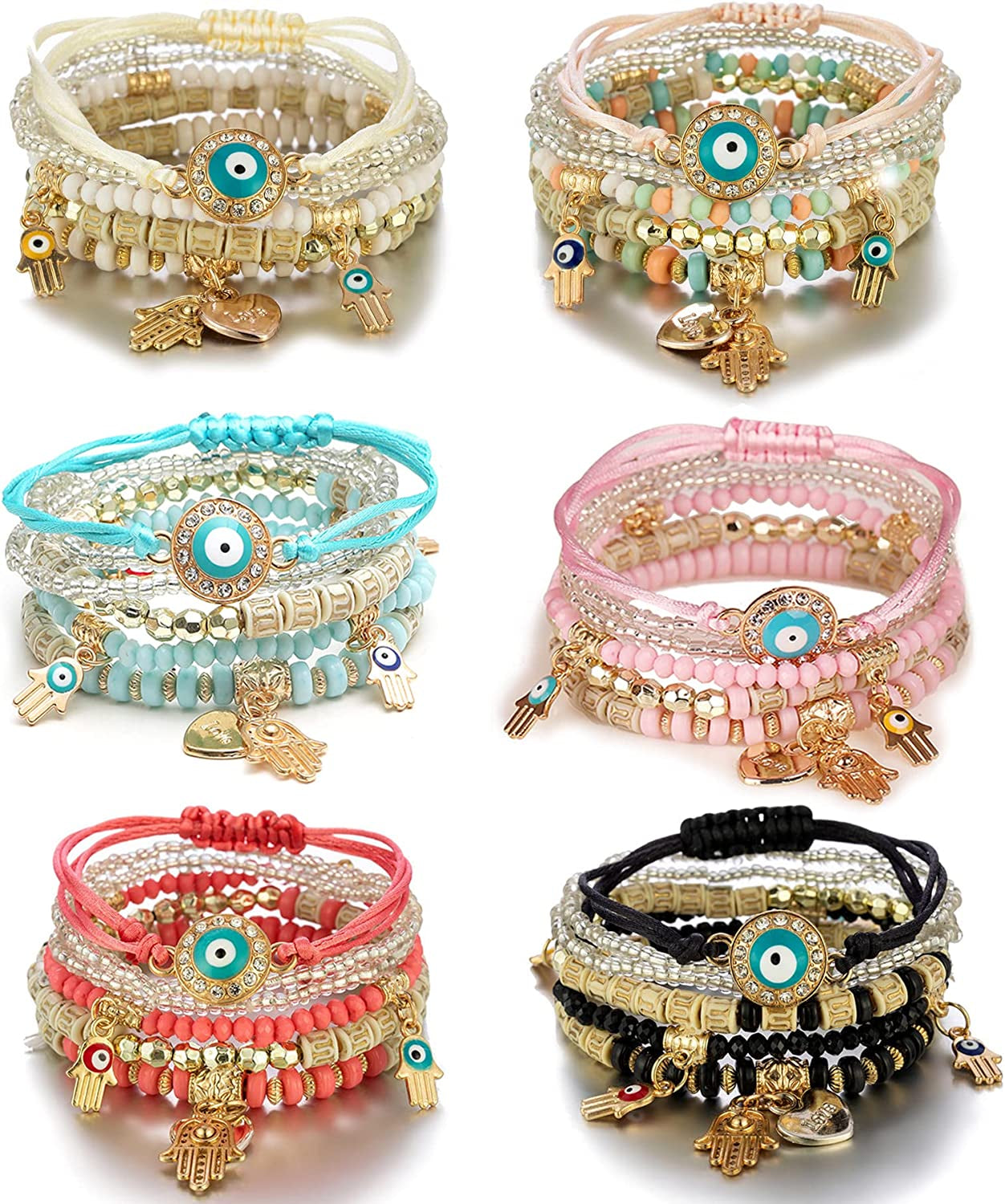 MILACOLATO 6Sets Boho Bead Bracelets Set Multilayered Stackable Bracelets Comfortable Stretch Bracelets Multicolor Bohemian Charm Bracelets for Women Girls Apparel & Accessories > Jewelry > Bracelets MILACOLATO 6 Sets-Evil Eye  