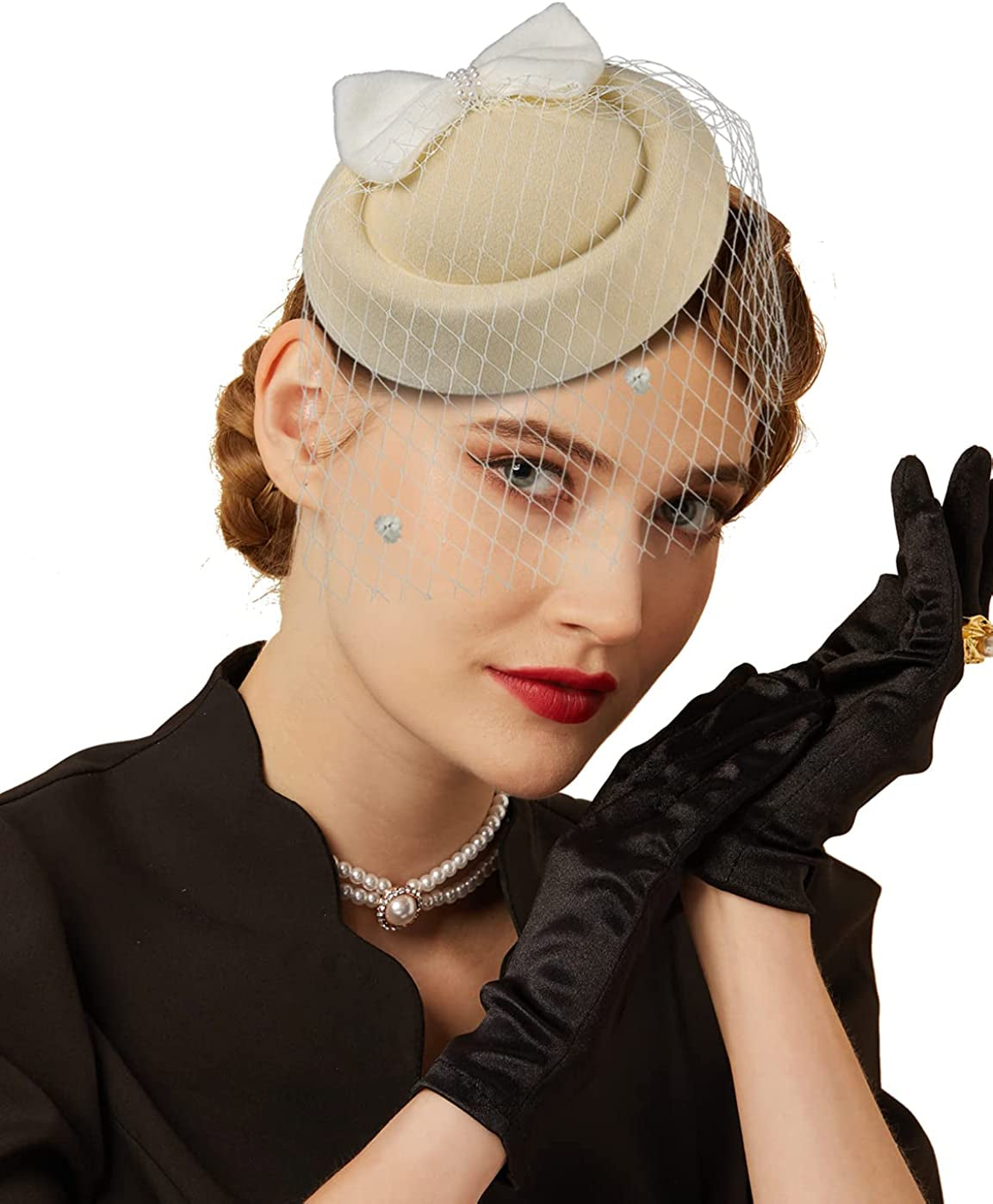 Fascinators Hats 20S 50S Hat Pillbox Hat Cocktail Tea Party Headwear with Veil for Girls and Women Apparel & Accessories > Clothing Accessories > Headwear Cizoe C-beige  