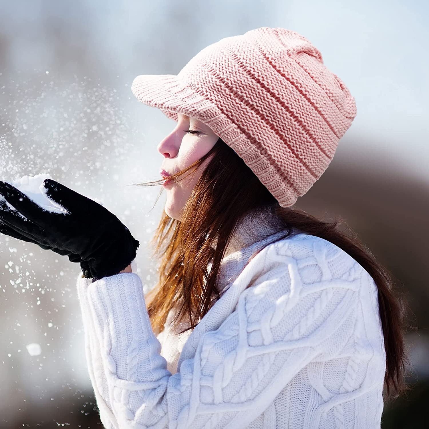 SATINIOR Women Winter Knit Hat Winter Brim Beanie Hats for Women Slouchy Beanie Cap with Visor Warm Newsboy Skull Cap Apparel & Accessories > Clothing Accessories > Hats SATINIOR   