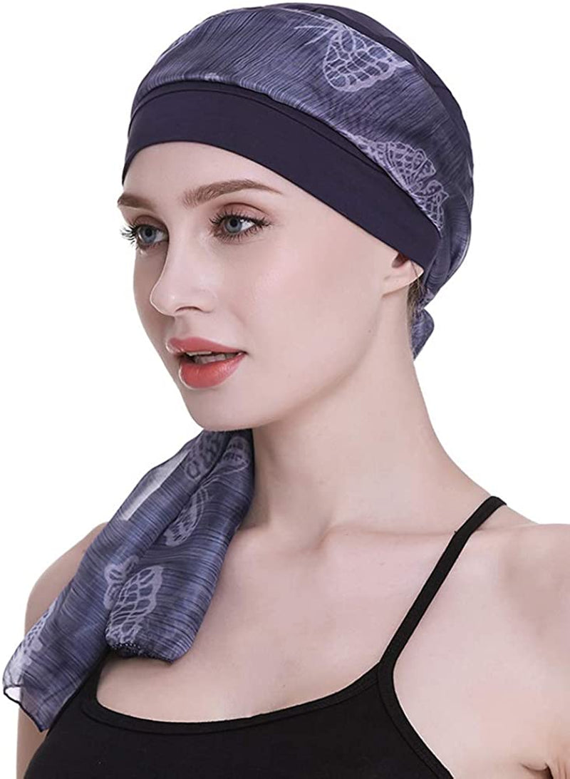 Elegant Chemo Cap with Silky Scarfs for Cancer Women Hair Loss Sleep Beanie Apparel & Accessories > Clothing Accessories > Headwear FocusCare Navy  