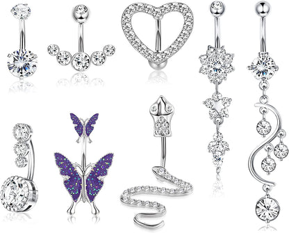CASSIECA 14G Belly Button Rings Dangle for Women 316L Stainless Steel Snake Heart Shiny CZ Butterfly Navel Belly Rings Barbell Body Piercing Jewelry Apparel & Accessories > Jewelry > Body Jewelry CASSIECA Silver Tone  