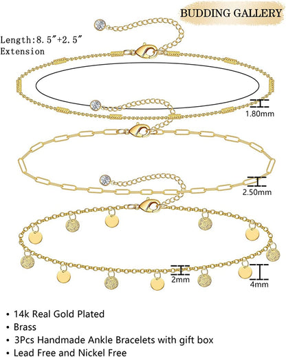 Gold Ankle Bracelets for Women 14K Gold Plated Anklet Silver Evil Eye Butterfly Star Rose Quartz Bead Box Paperclip Chain Dainty Layered Anklet Set 3Pcs Jewelry Gifts for Teen Girls Apparel & Accessories > Jewelry > Anklets Budding Gallery   