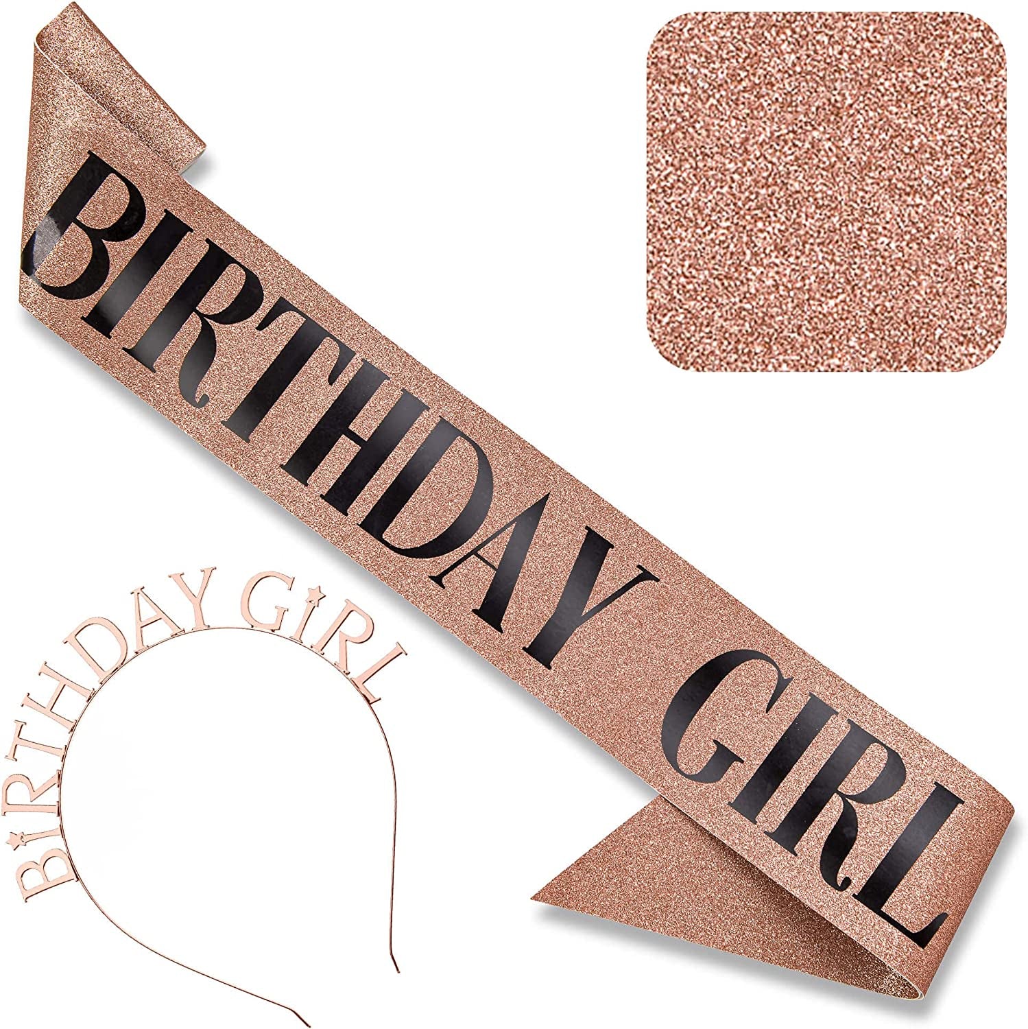 CORRURE 'Birthday Girl' Sash and Headband Tiara - White Glitter with Rose Gold Foil Happy Birthday Sash and Tiara for Women - Party Favors Supplies and Decorations for 18Th 21St 30Th 40Th Bday Party Apparel & Accessories > Clothing Accessories > Sashes Pego Brands General Rose Gold - Black  