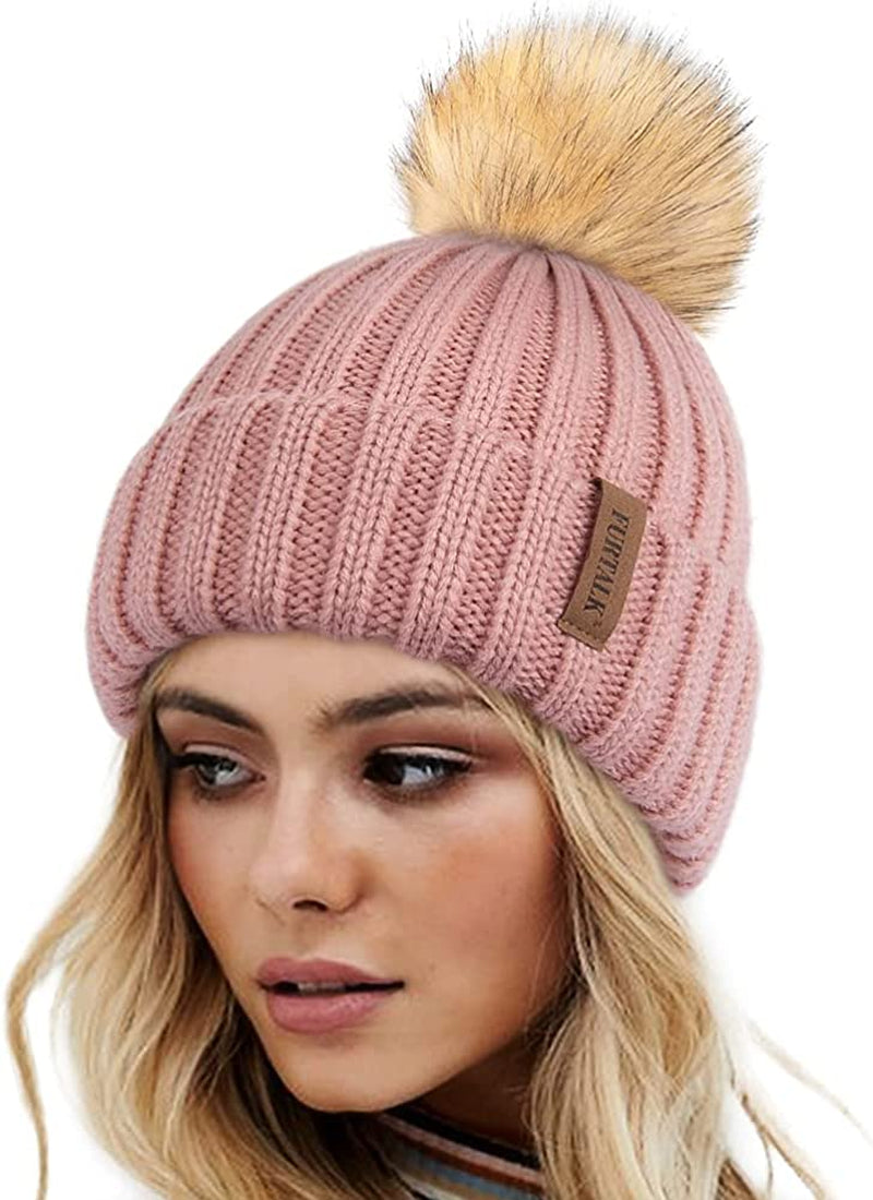 FURTALK Womens Winter Knitted Beanie Hat with Faux Fur Pom Warm Knit Skull Cap Beanie for Women… Apparel & Accessories > Clothing Accessories > Hats KYLIE MAX 29-lightcoral  