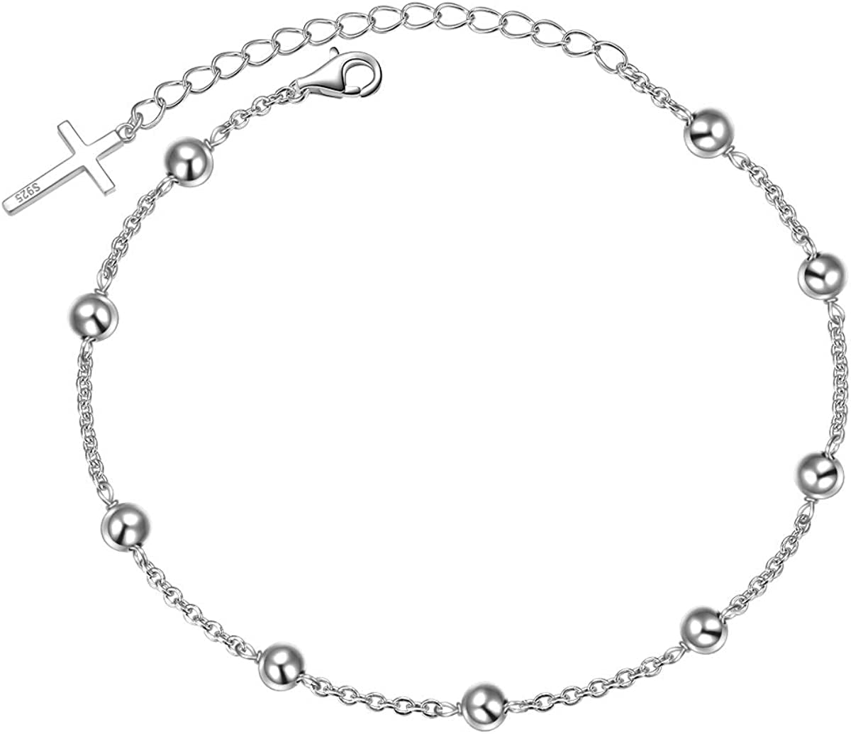 ATHENAA S925 Sterling Silver Concise Sideways Cross Pendant Necklace Bracelet Anklet Apparel & Accessories > Jewelry > Anklets ATHENAA Jewelry Factory E-Bracelet 7+2"  
