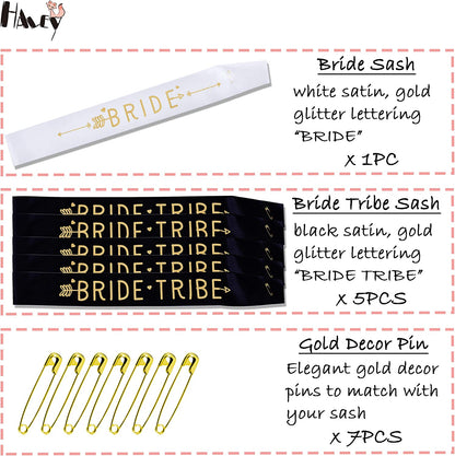 Haley Party Bride Tribe Sash Bridesmaid Sashes Bachelorette Party Sash Set Bride Sash Bridal Shower Decorations (6 PCS in Black and White with Gold Lettering) Apparel & Accessories > Clothing Accessories > Sashes Haley Party   