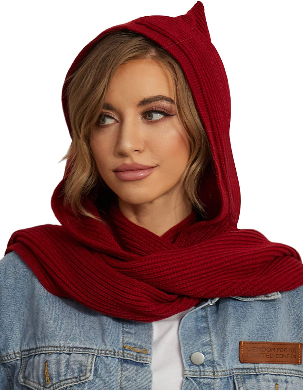 Women Winter Knitted Hooded Long Scarf Warm Shawl Wrap Head Scarves Apparel & Accessories > Clothing Accessories > Scarves & Shawls Zilcremo Winered  