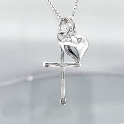Delicate and Dainty Sterling Silver Cross Necklace with Puffed Heart Charm for Women, 18 Inches