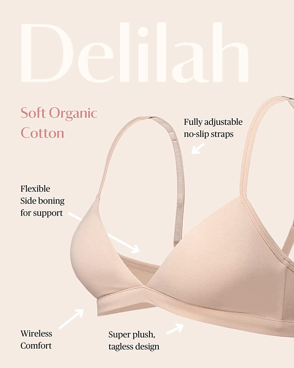 Delilah - Women’S Organic Cotton Wireless T-Shirt Bra, Removable Pads - AAA, AA, a for Small Boobs - Tagless