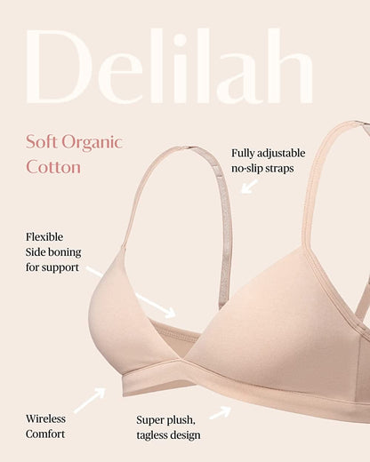 Delilah - Women’S Organic Cotton Wireless T-Shirt Bra, Removable Pads - AAA, AA, a for Small Boobs - Tagless