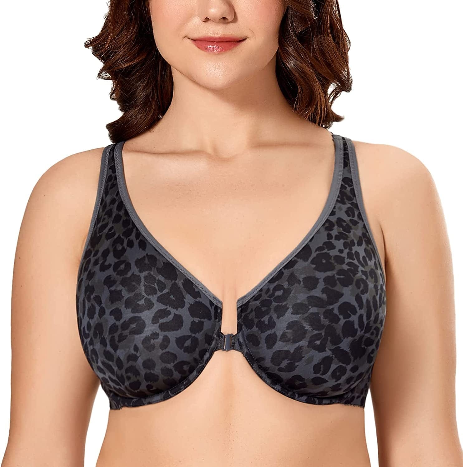 DELIMIRA Women'S Racerback Front Closure plus Size Seamless Comfort Underwire Bra Charcoal Panthera Uncia / 36B