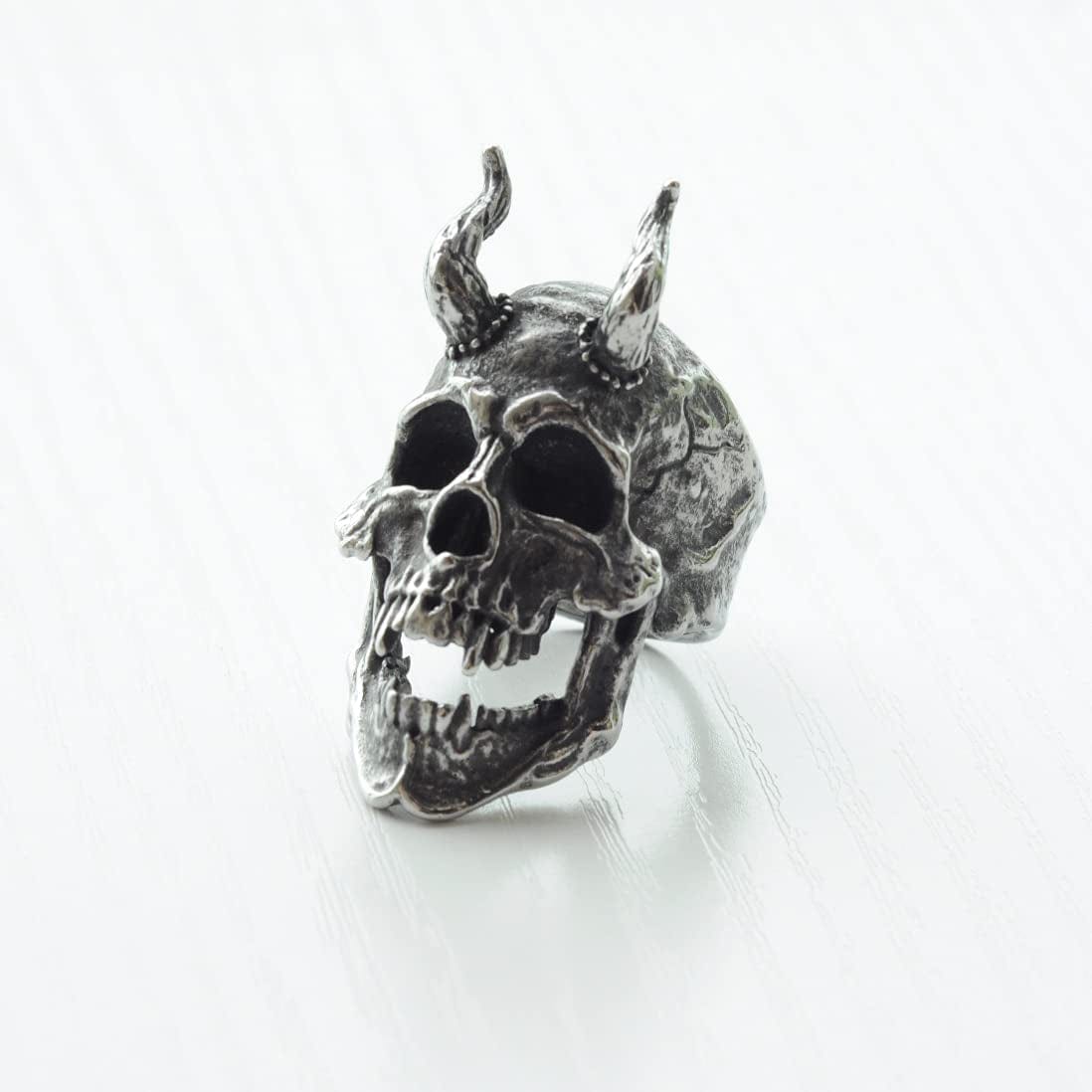 Demon Head Skull Ring Big Horned Stainless Steel Biker Jewelry Ring Men