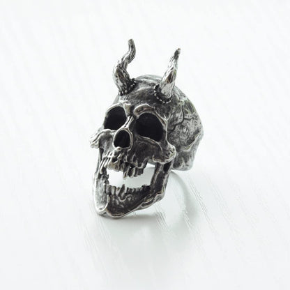Demon Head Skull Ring Big Horned Stainless Steel Biker Jewelry Ring Men