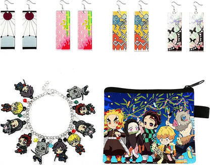 Demon Slayer Merch Gift Set, Demon Slayer Tanjiro Earrings Tanjiro Bracelet Tanjiro Keychain Demon Slayer Brooch Cosplay Jewelry Style F