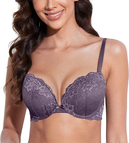 Deyllo Women’S Push up Lace Bra Comfort Padded Underwire Bra Lift up Add One Cup Grape / 32DD
