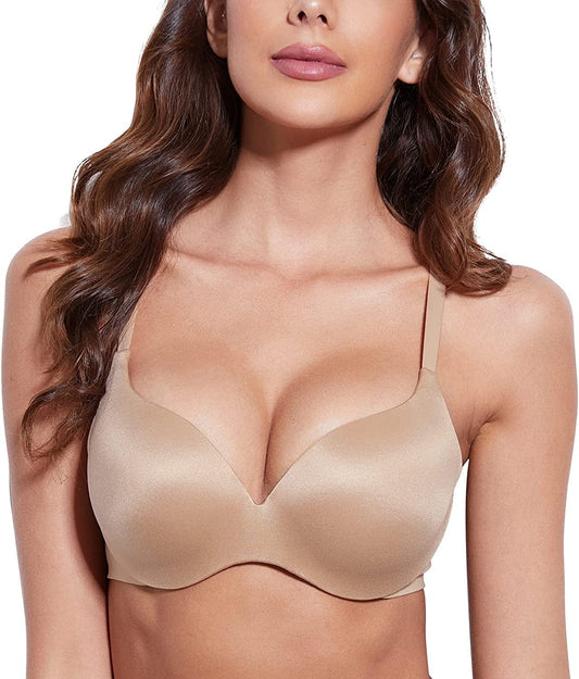 Deyllo Women’S Push up T Shirt Bra Seamless Padded Underwired Lift up Bra Add 2 Cups Sweet Nougat / 34C