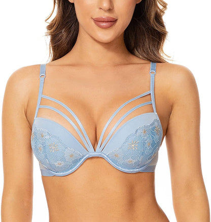 Deyllo Women’S Push up Underwire Bra Super Padded T-Shirt Bra Add Two Cups Blue Embroidery / 36DD