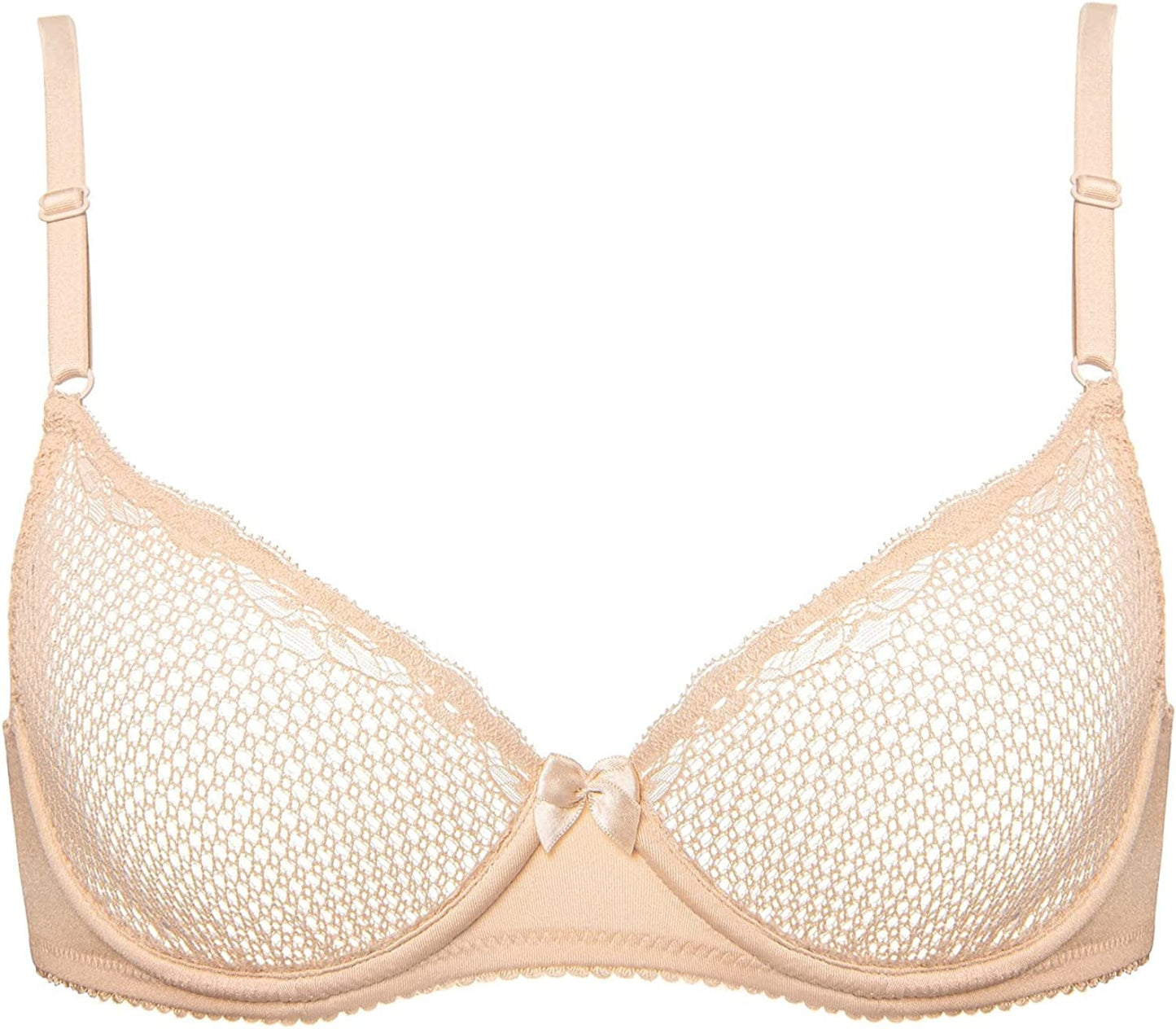 Deyllo Women'S Sexy Lace Balconette Bra See through Demi Unlined Bras Mesh Sheer Underwire Beige / 32DD