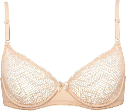 Deyllo Women'S Sexy Lace Balconette Bra See through Demi Unlined Bras Mesh Sheer Underwire Beige / 32DD