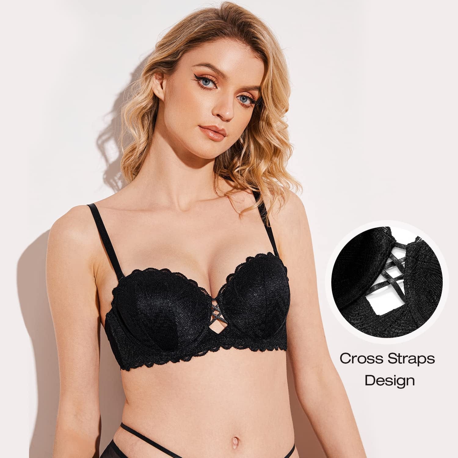 Deyllo Women'S Sexy Lace Push up Bra Underwire Lightly Lined Padded Strapless Bra