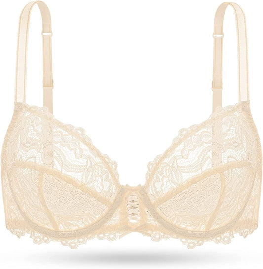 Deyllo Women’S Sheer Lace Bra Underwire Unlined Bra Full Coverage n Padded Beige / 34G