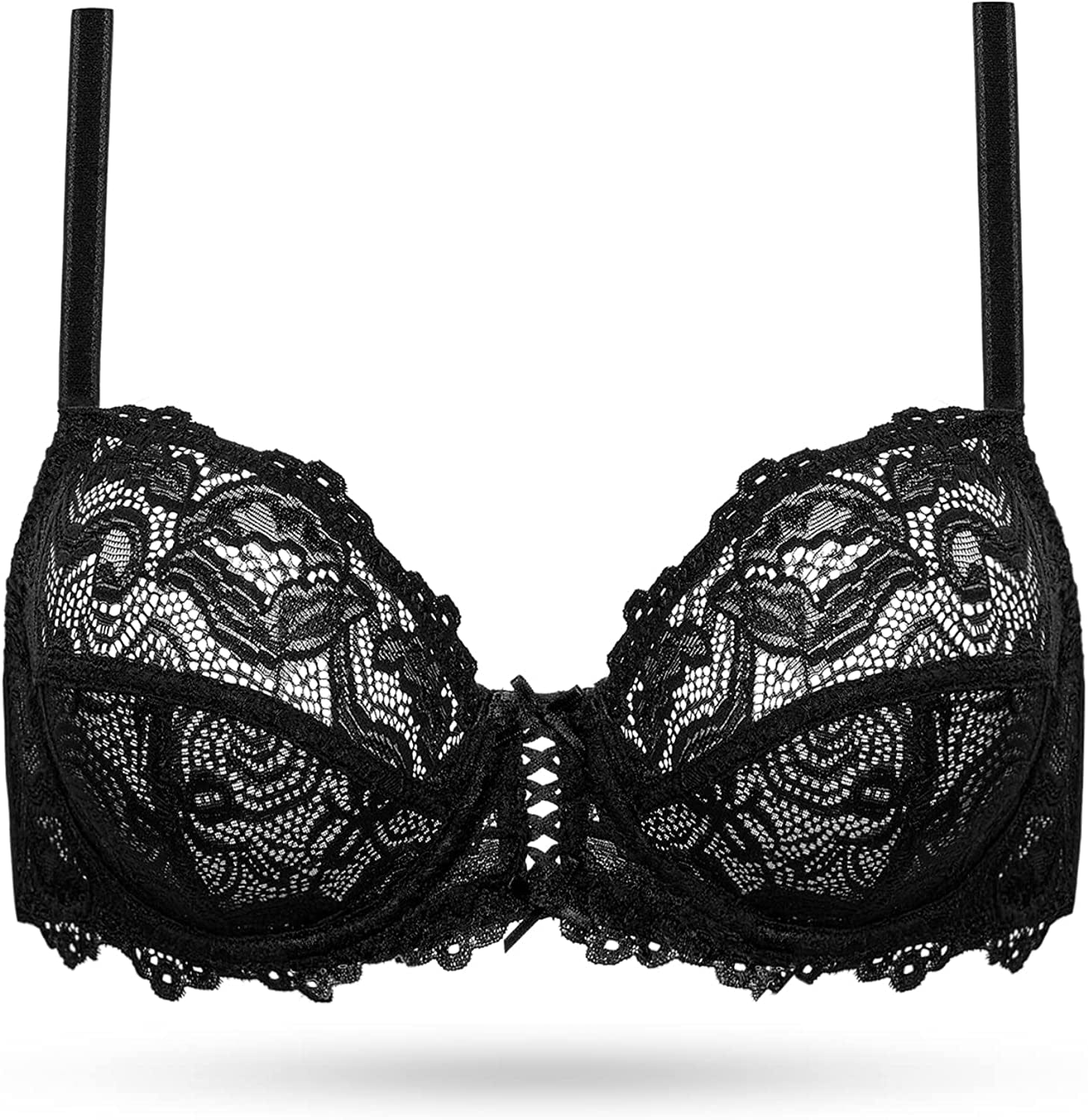 Deyllo Women’S Sheer Lace Bra Underwire Unlined Bra Full Coverage n Padded Black / 36C