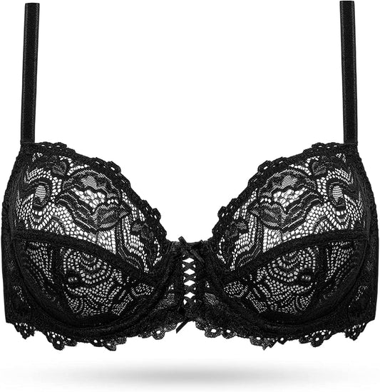 Deyllo Women’S Sheer Lace Bra Underwire Unlined Bra Full Coverage n Padded Black / 36C