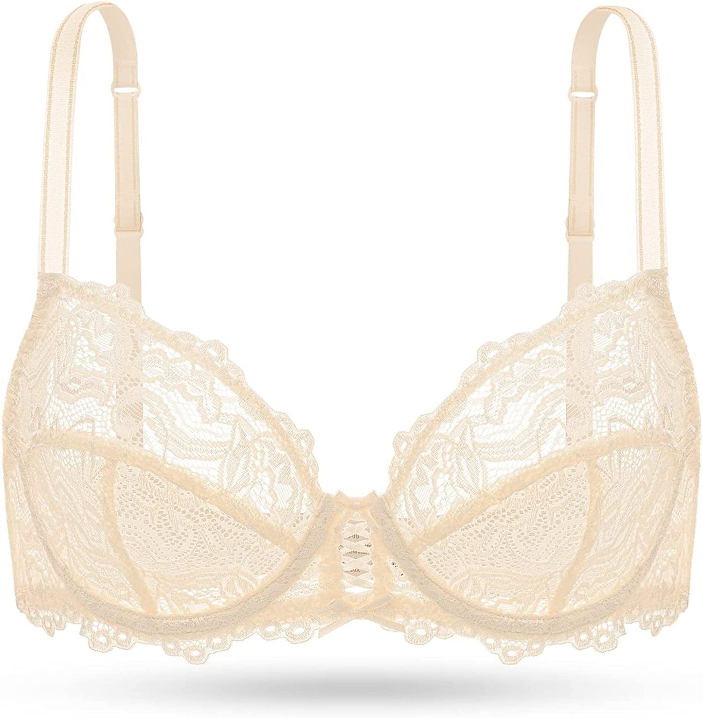 Deyllo Women’S Sheer Lace Bra Underwire Unlined Bra Full Coverage Non Padded Beige / 36C