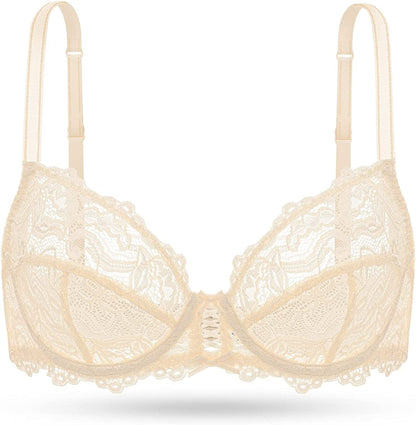 Deyllo Women’S Sheer Lace Bra Underwire Unlined Bra Full Coverage Non Padded Beige / 36C