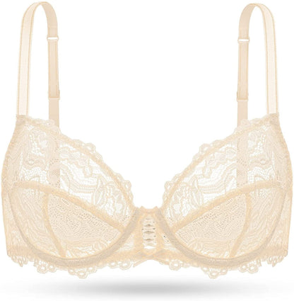 Deyllo Women’S Sheer Lace Bra Underwire Unlined Bra Full Coverage Non Padded Beige / 40DDD
