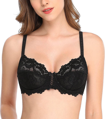 Deyllo Women’S Sheer Lace Bra Underwire Unlined Bra Full Coverage Non Padded Black / 36D
