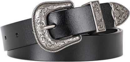Women Leather Belts Ladies Vintage Western Design Black Waist Belt for Pants Jeans Dresses Apparel & Accessories > Clothing Accessories > Belts KYLIE MAX E-black Suit Waist Size 43"-46" 