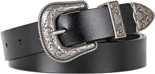 Women Leather Belts Ladies Vintage Western Design Black Waist Belt for Pants Jeans Dresses Apparel & Accessories > Clothing Accessories > Belts KYLIE MAX E-black Suit Waist Size 43"-46" 