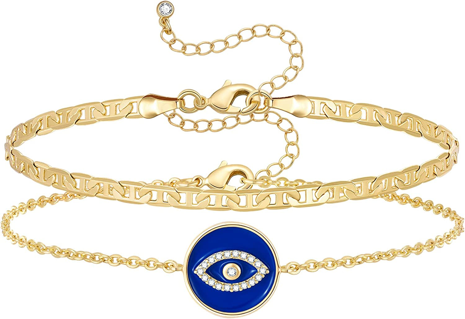 Kissyan Gold Layered Ankle Bracelets for Women, Dainty 14K Gold Plated Layering Anklets Set Adjustable Fashion Cuban Link Snake Tennis Chain Ankles Summer Beach Foot Jewelry Gifts for Women Girls Apparel & Accessories > Jewelry > Anklets KissYan O-Blue Evil Eye  
