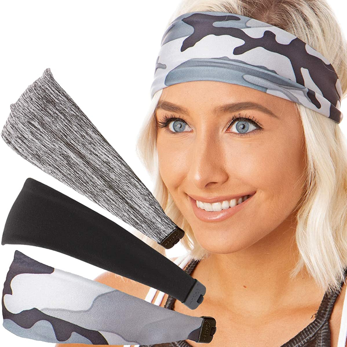 Hipsy Adjustable & Stretchy Printed Xflex Wide Headbands for Women Girls & Teens Apparel & Accessories > Clothing Accessories > Bandanas & Headties Hipsy Grey Camo/Black/Grey Xflex 3pk  