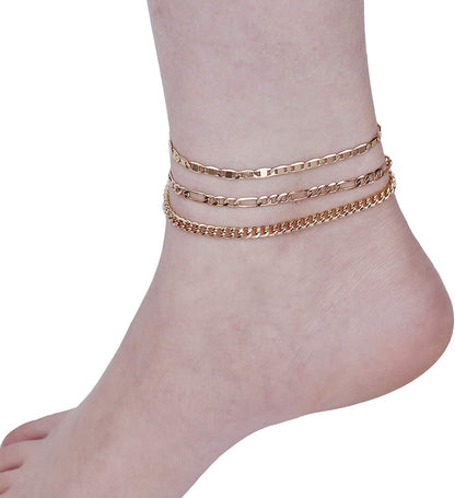 Jstyle 3Pcs Gold Anklet for Women Figaro/Herringbone/Cuban/Paperclip Link Chain Ankle Bracelet Adjustable Beach Foot Jewelry Apparel & Accessories > Jewelry > Anklets Jstyle   