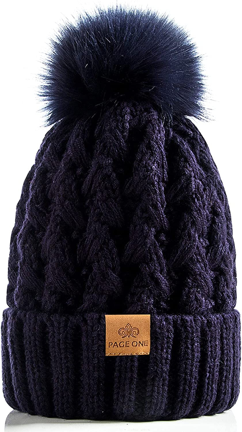 PAGE ONE Womens Winter Ribbed Beanie Crossed Cap Chunky Cable Knit Pompom Soft Warm Hat Apparel & Accessories > Clothing Accessories > Hats PAGE ONE Navy  