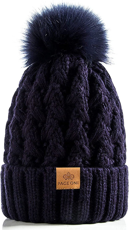 PAGE ONE Womens Winter Ribbed Beanie Crossed Cap Chunky Cable Knit Pompom Soft Warm Hat Apparel & Accessories > Clothing Accessories > Hats PAGE ONE Navy  