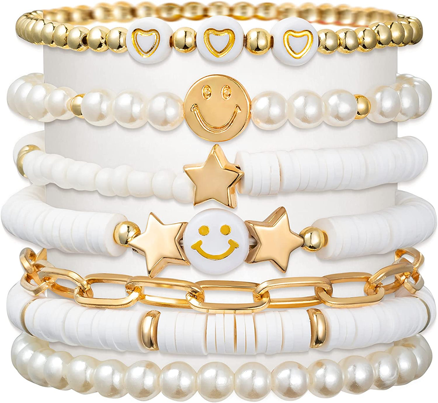 Lietoi Preppy Heishi Bracelets Set Colorful White Gold Smile Heart Star Evil Eye Beaded Polymer Clay Pearl Stackable Charm Y2K Kidcore Summer Beach Bohemian Layering Bracelets Jewelry for Women Girls Teens Apparel & Accessories > Jewelry > Bracelets LieToi White Gold  
